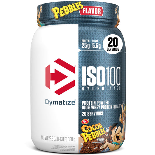 Dymatize ISO100 Cocoa Pebbles front canister for a high quality protein source.