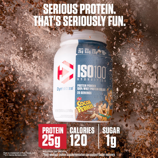 Powder texture of Dymatize ISO100 Cocoa Pebbles shows smooth mixability.