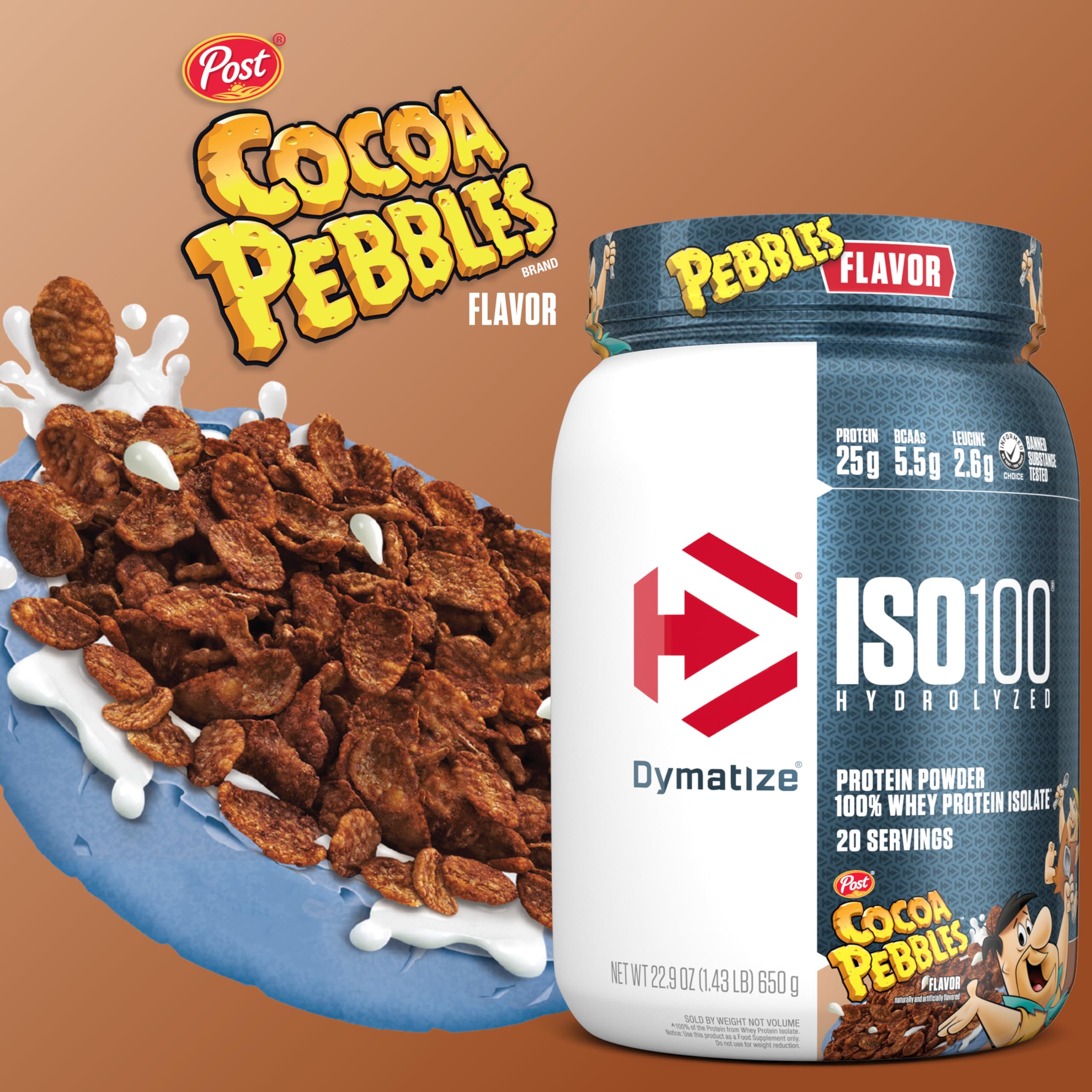 Scoop pouring Dymatize ISO100 Cocoa Pebbles for quick protein boosts after training.