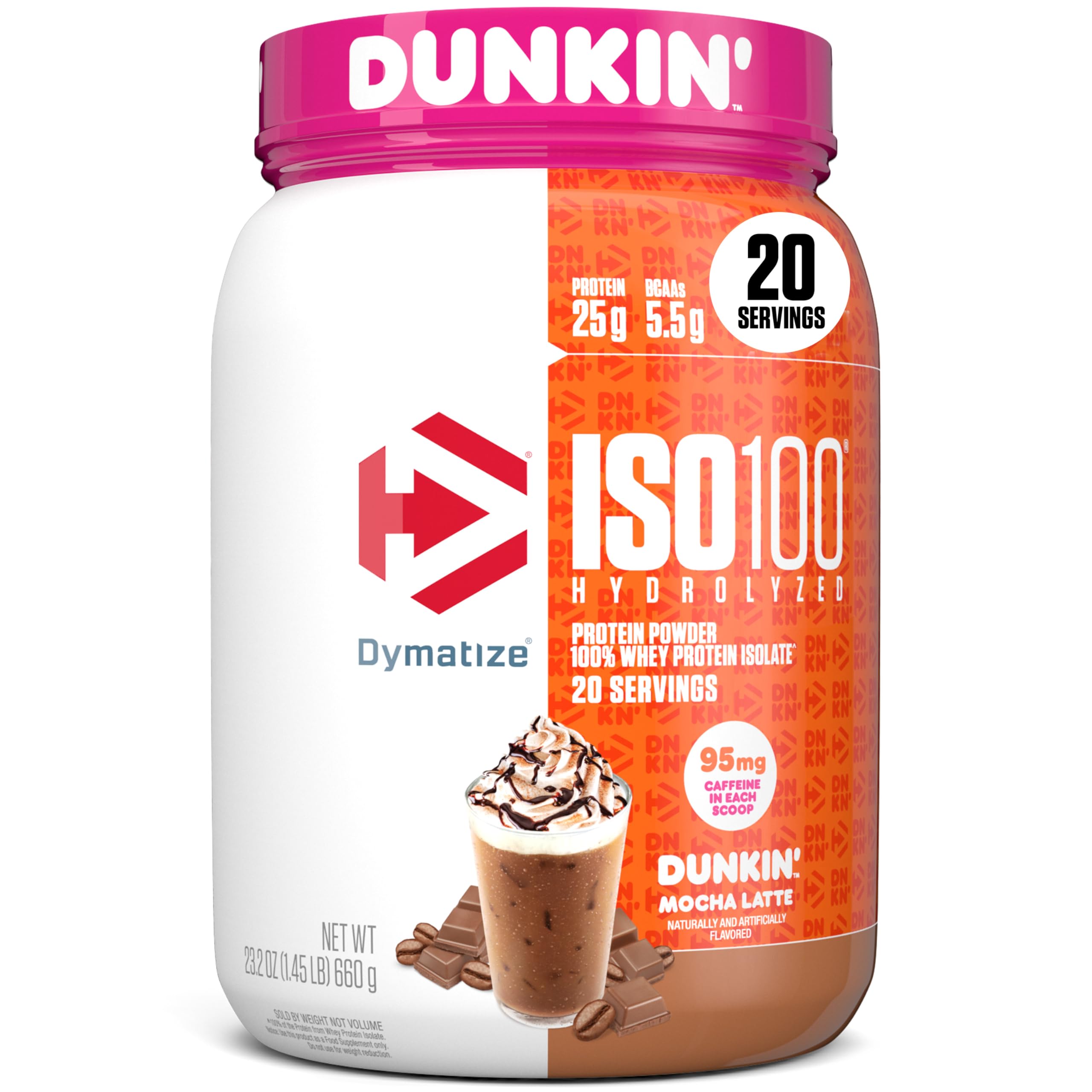 Dymatize ISO100 Dunkin' Mocha Latte bottle ready for post-workout protein