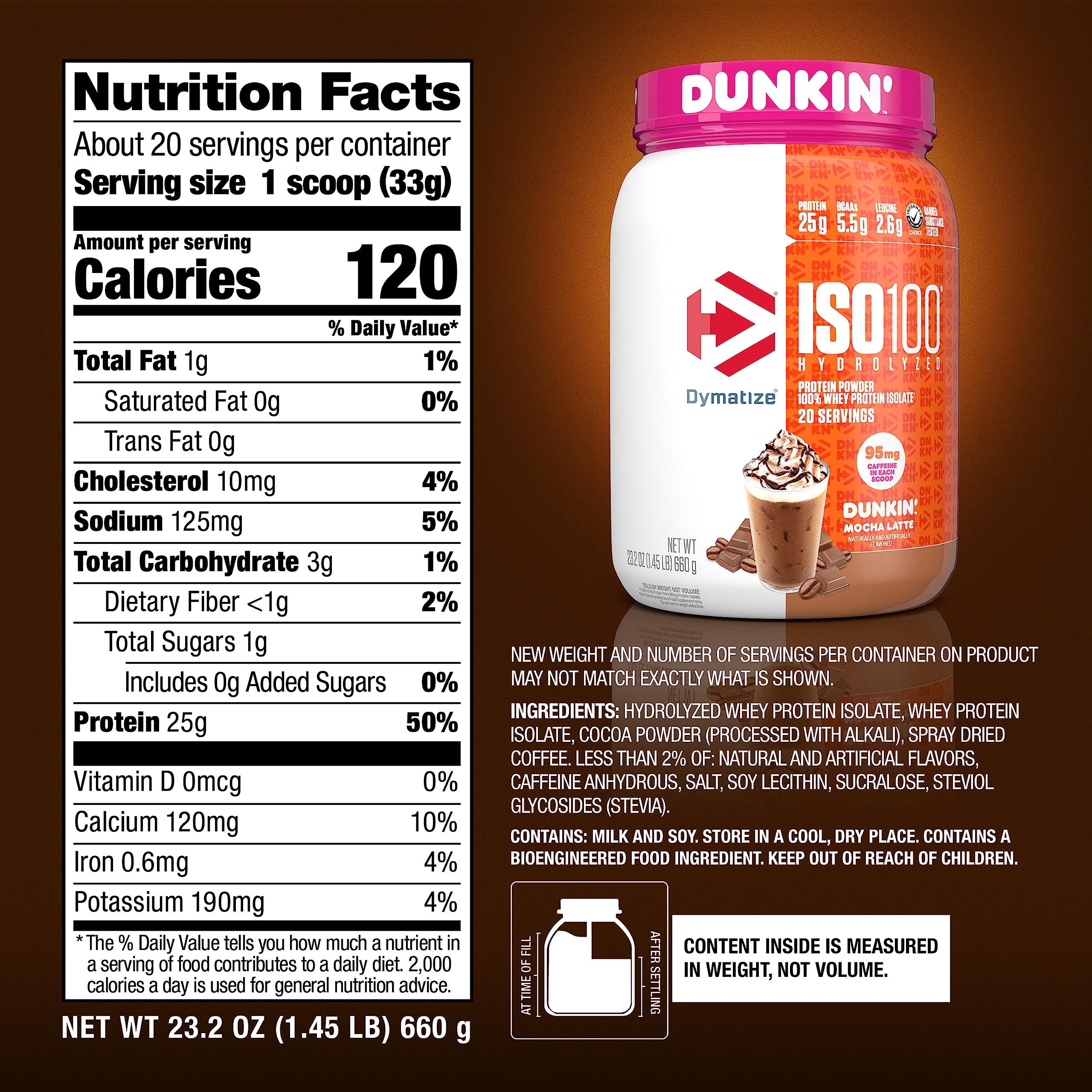 Dymatize ISO100 Dunkin' Mocha Latte nutrition panel highlights 25g protein per serving