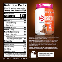 Dymatize ISO100 Dunkin' Mocha Latte nutrition panel highlights 25g protein per serving