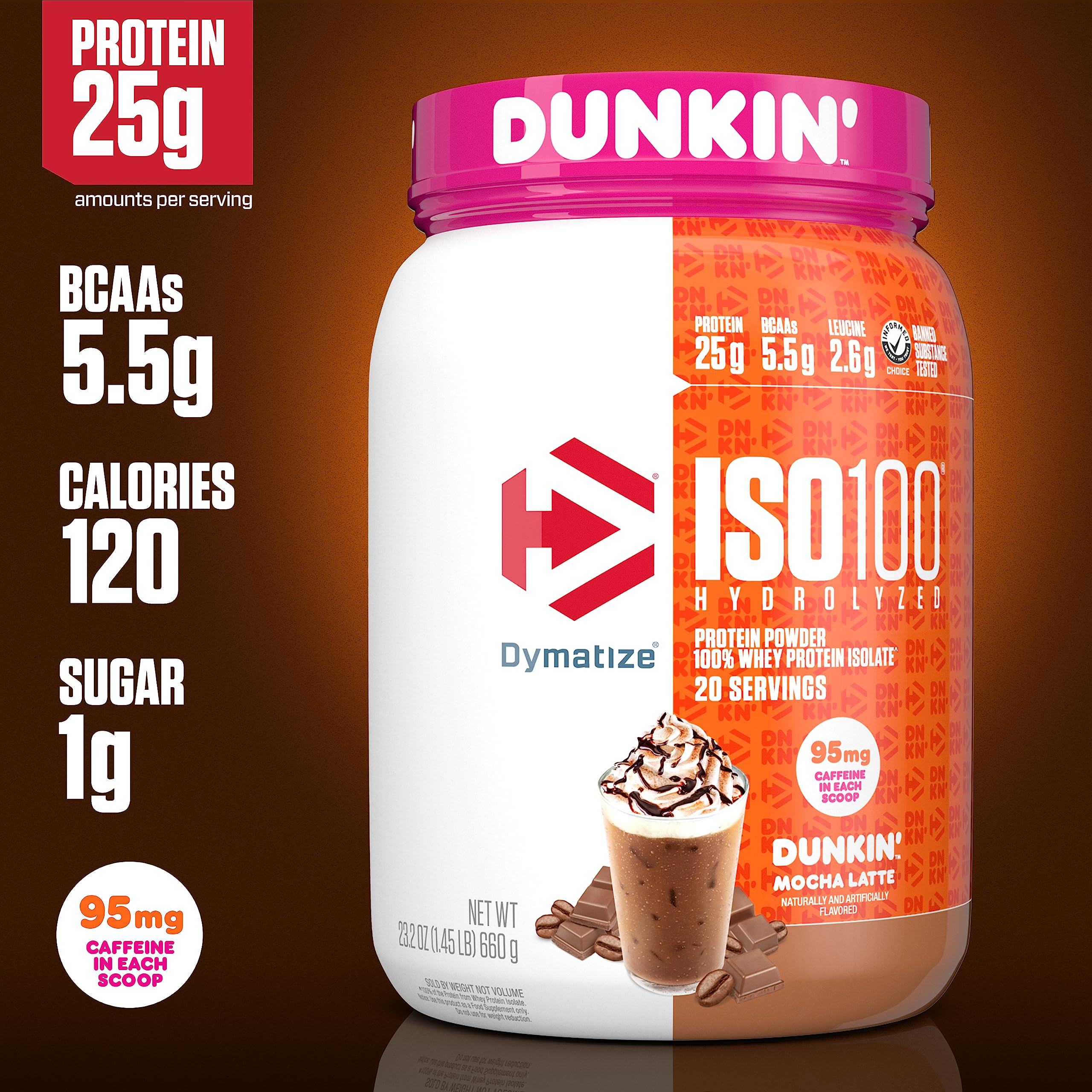 Dymatize ISO100 Dunkin' Mocha Latte shake glass ready to drink after workout