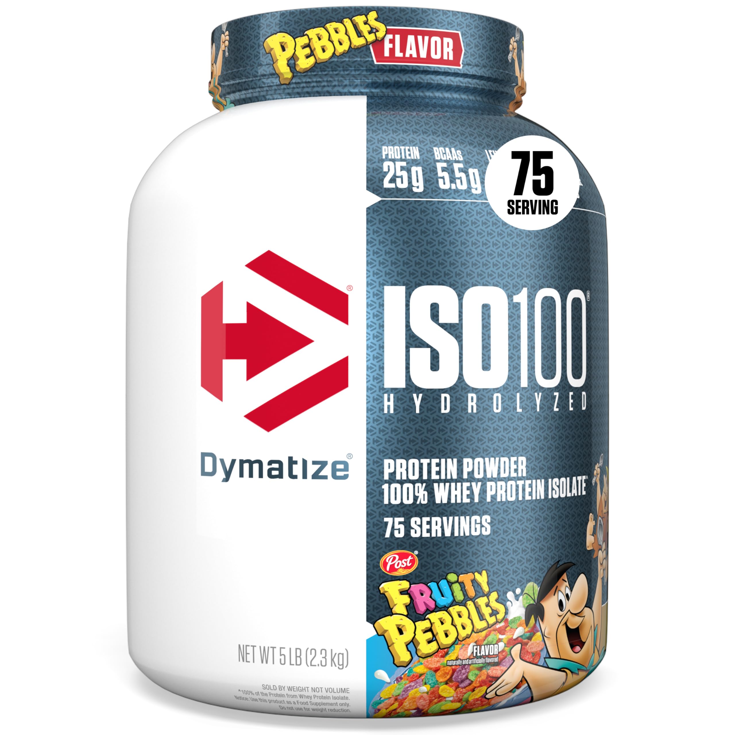 Dymatize ISO100 Fruity Pebbles bottle highlights gluten-free protein option.