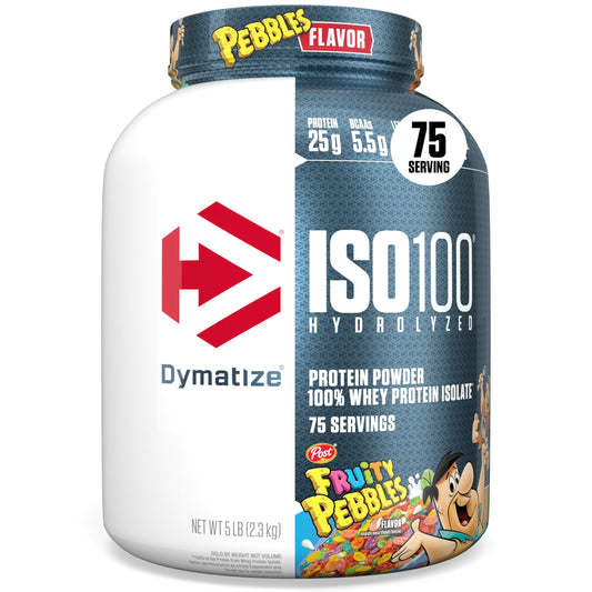 Dymatize ISO100 Fruity Pebbles bottle highlights gluten-free protein option.