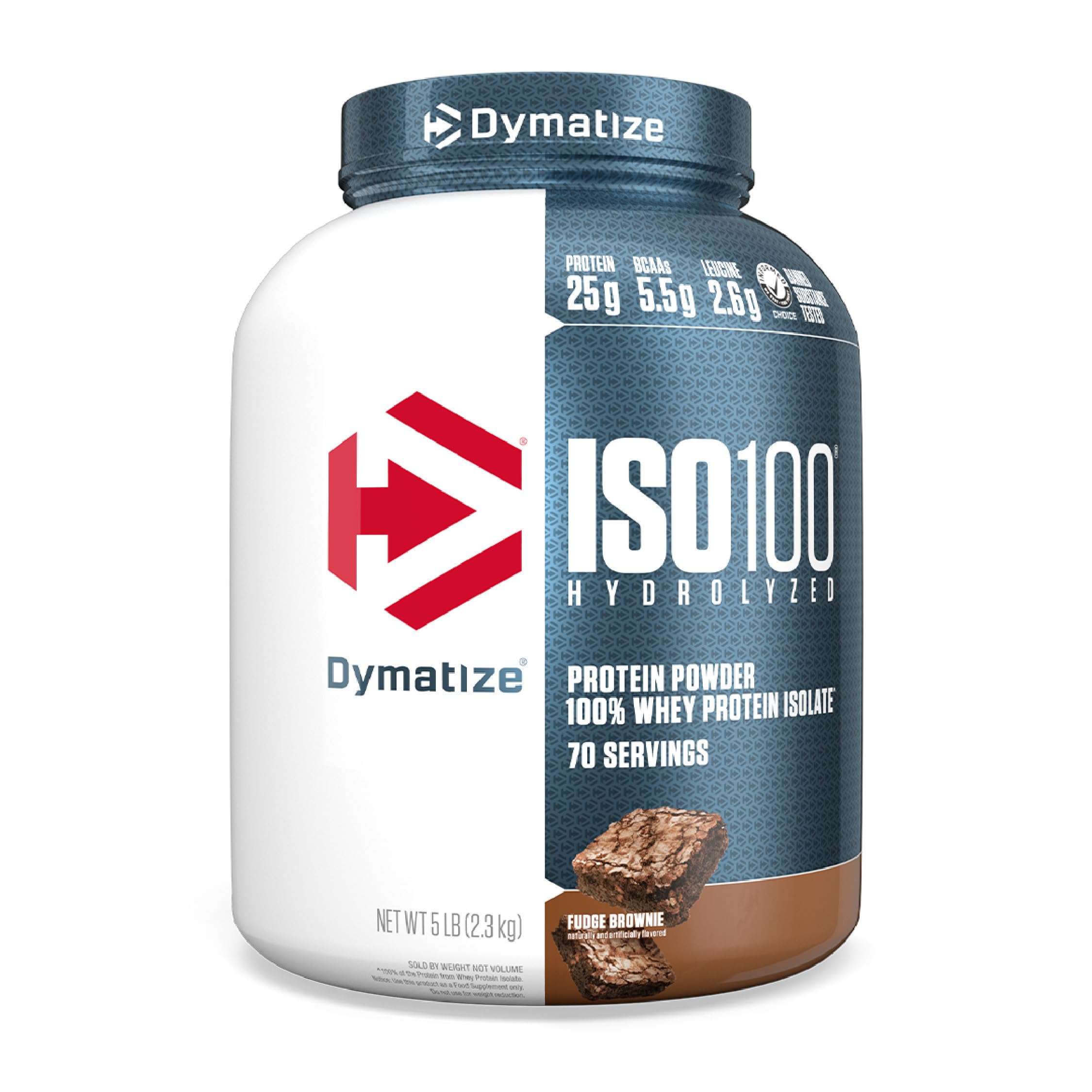 Dymatize ISO100 fudge brownie tub with scoop for quick, high-protein fueling.
