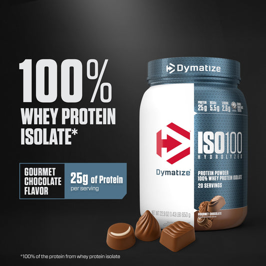 Dymatize ISO100 Gourmet Chocolate serving shows quick mix and premium taste.