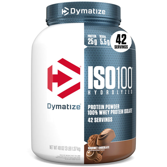 Dymatize ISO100 hydrolyzed protein powder label close-up highlighting purity and quality.