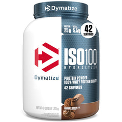 Dymatize ISO100 hydrolyzed protein powder label close-up highlighting purity and quality.