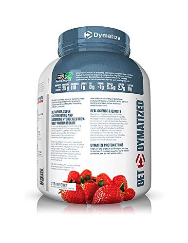 Dymatize ISO100 strawberry tub back with nutrition panel and low sugar profile.