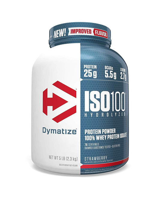 Dymatize ISO100 strawberry tub front highlighting premium hydrolyzed whey.