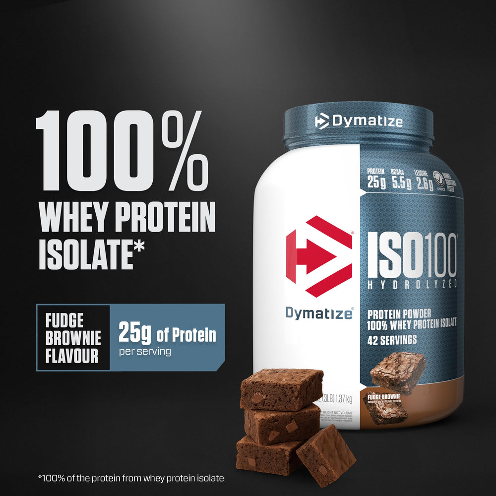 Dymatize ISO100 label close-up highlighting purity and low sugar