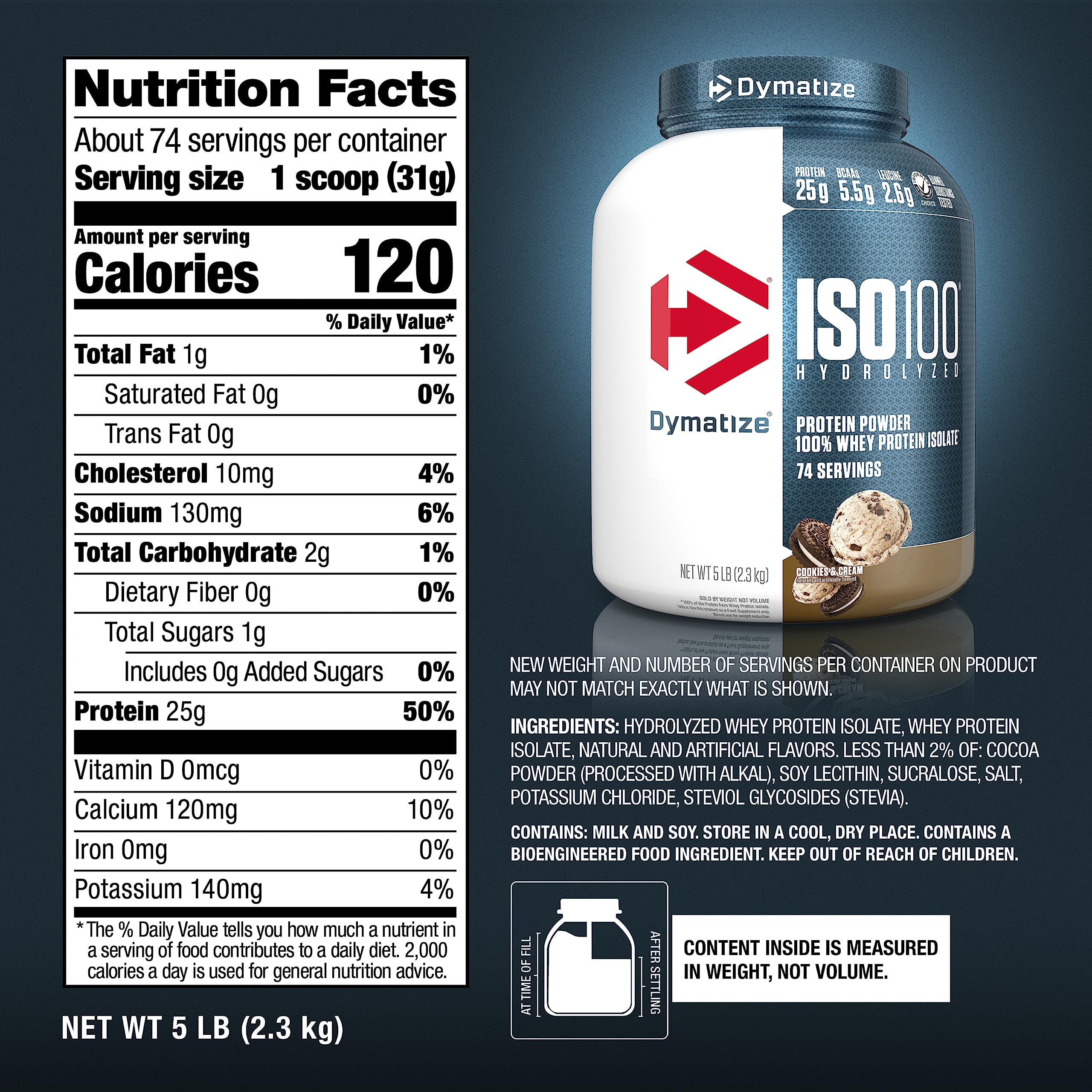 Dymatize ISO100 made-in-USA label signals quality and purity.