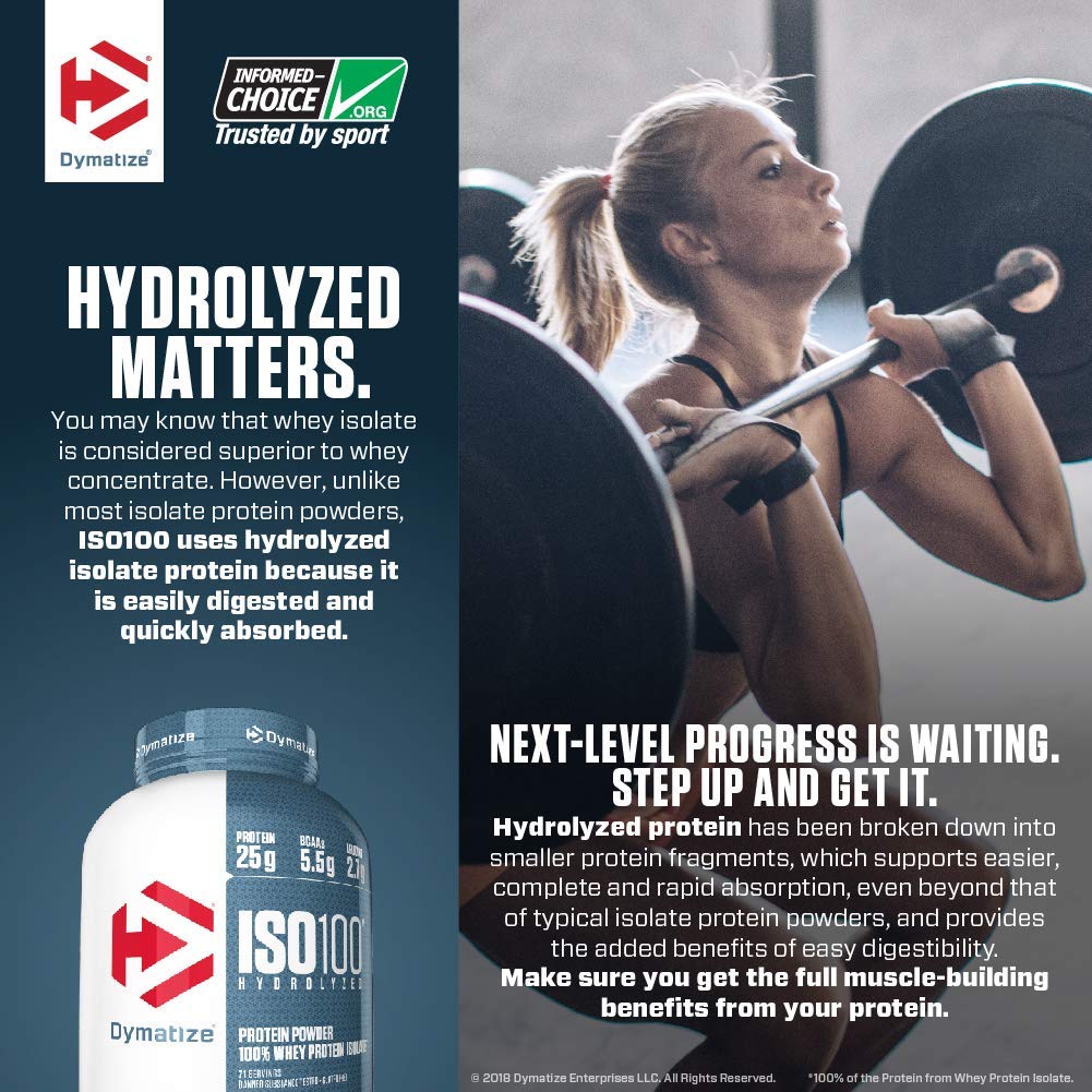 Dymatize ISO100 nutrition panel close-up showing lactose-free formula.