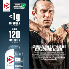 Dymatize ISO100 packaging close-up emphasizing purity and GMP manufacturing.