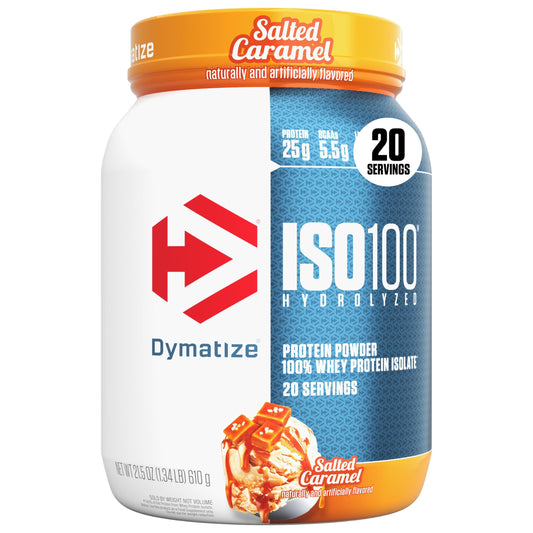 High-protein Dymatize ISO100 salted caramel tub front for post-workout recovery.