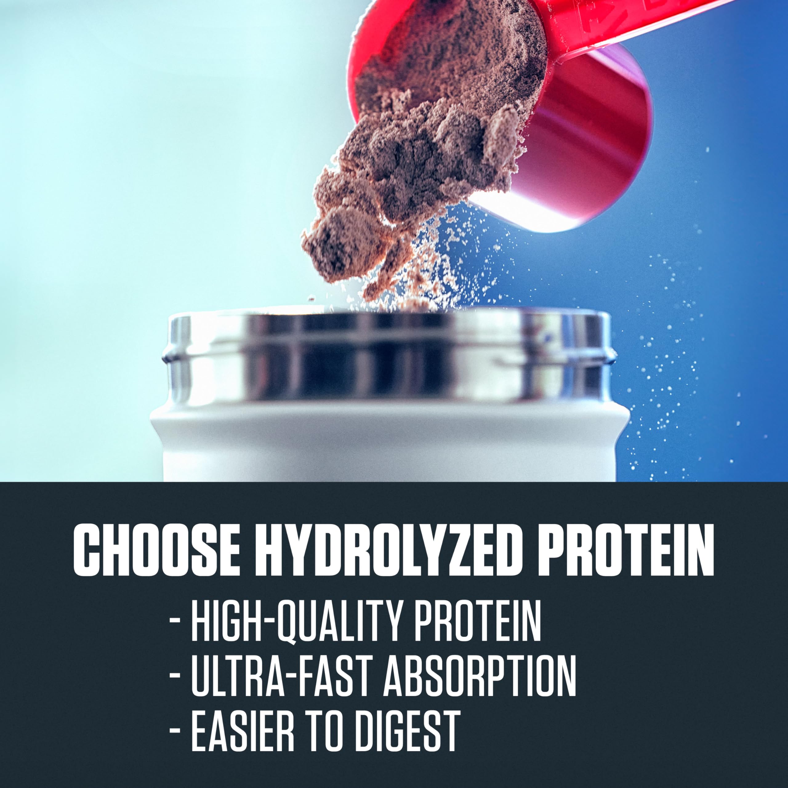 Dymatize ISO100 scoop on wood highlights 25g protein per serving.