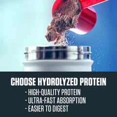 Dymatize ISO100 scoop on wood highlights 25g protein per serving.
