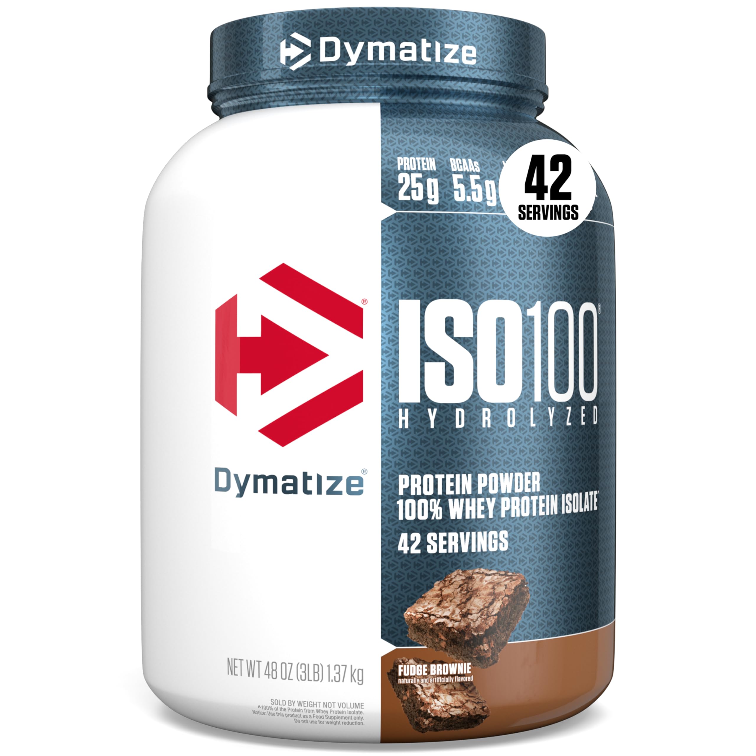 Dymatize ISO100 tub front showing the fudge brownie protein powder for fast absorption