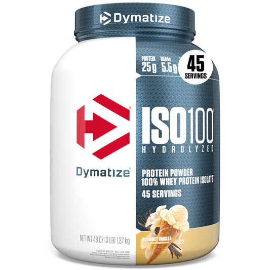 Dymatize ISO100 vanilla whey protein bottle highlighting premium protein for quick recovery.