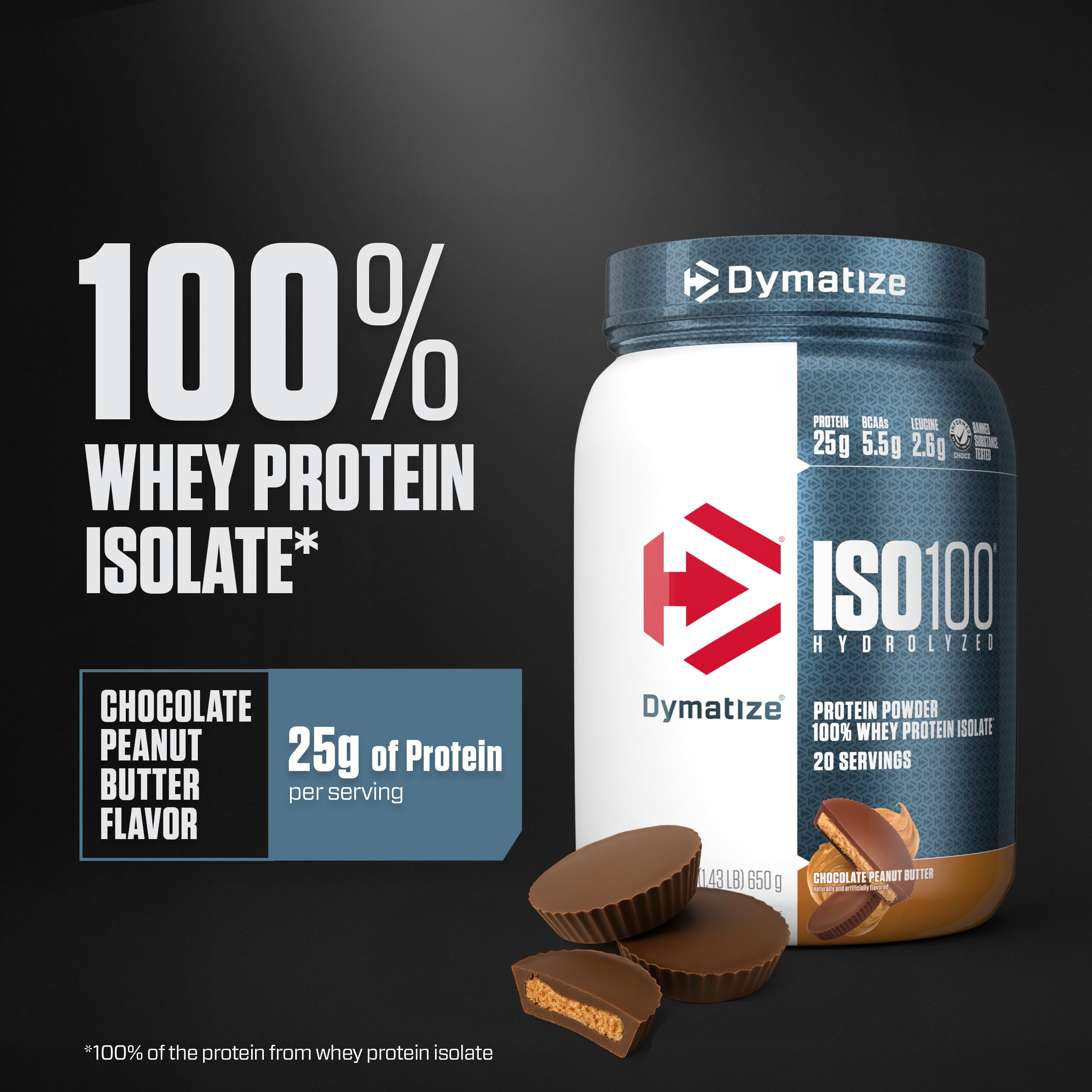 Dymatize ISO100 shake highlighting chocolate peanut butter flavor ready to drink