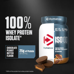 Dymatize ISO100 shake highlighting chocolate peanut butter flavor ready to drink