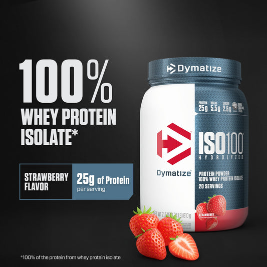 Dymatize ISO100 Strawberry powder serving scoop highlights convenient, ready-to-mix protein on the go