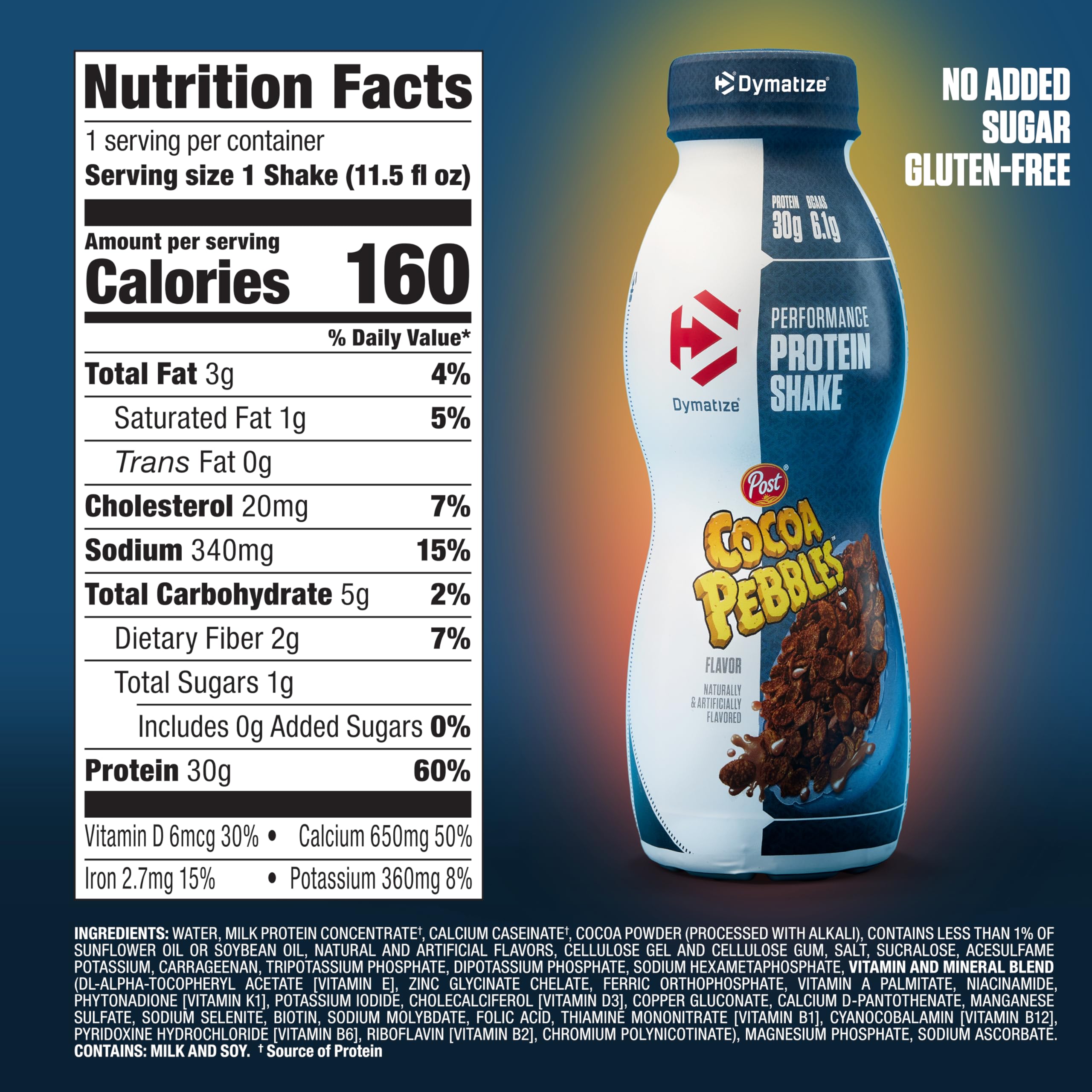 Dymatize Cocoa Pebbles shake pour into glass for on-the-go recovery
