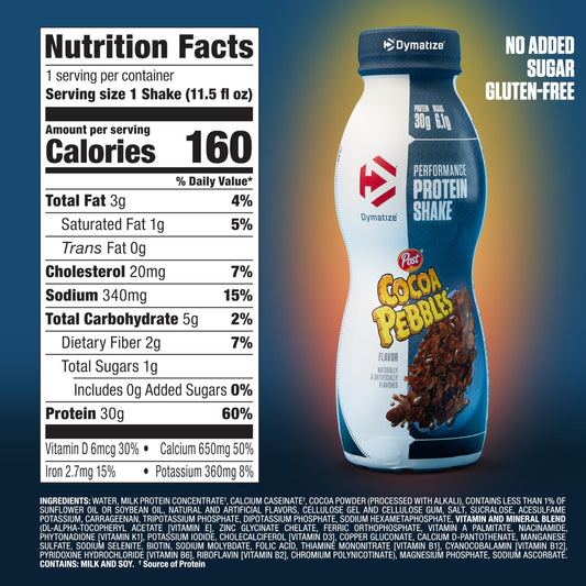Dymatize Cocoa Pebbles shake pour into glass for on-the-go recovery