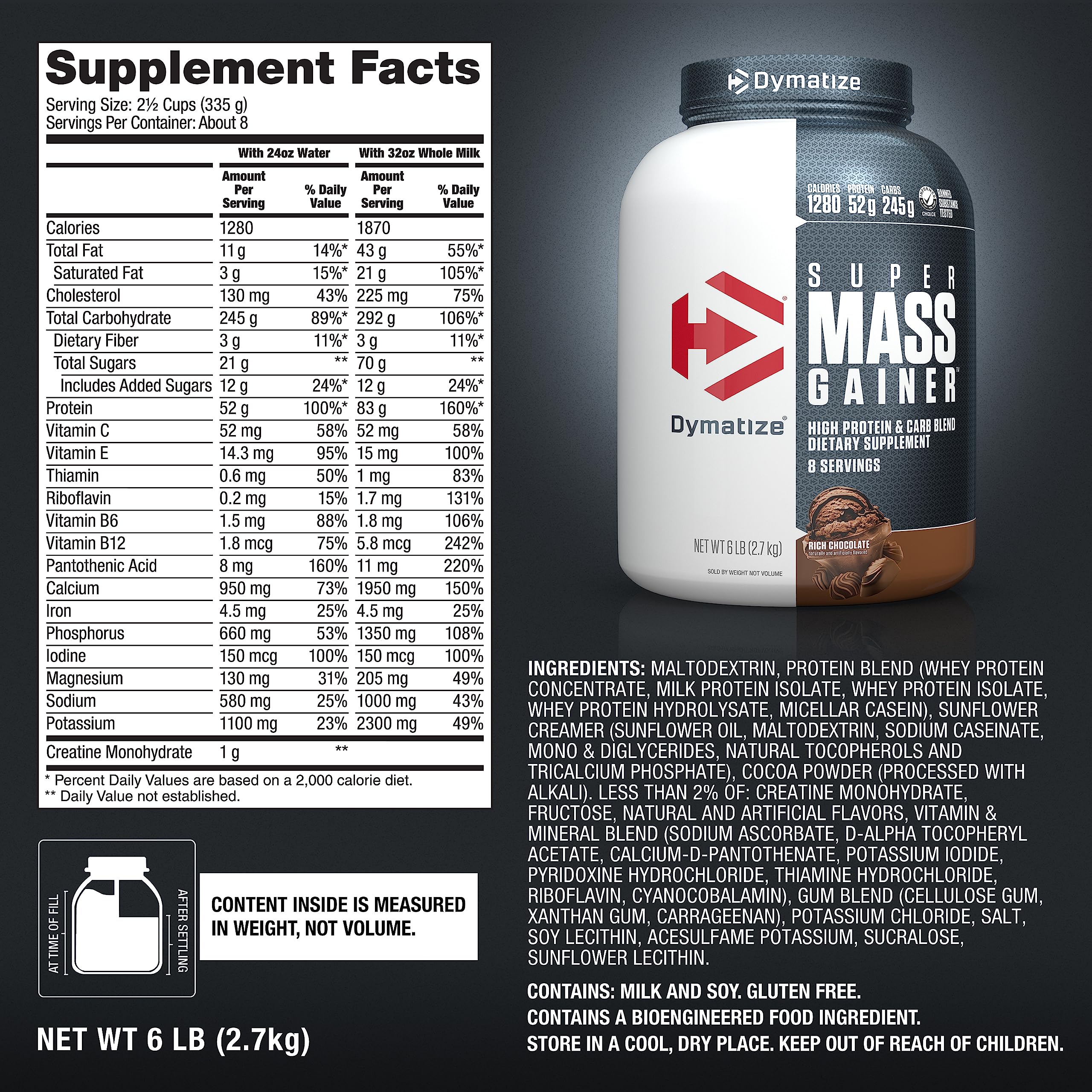 Dymatize Super Mass Gainer delivers 10.7g BCAAs per serving for recovery support.