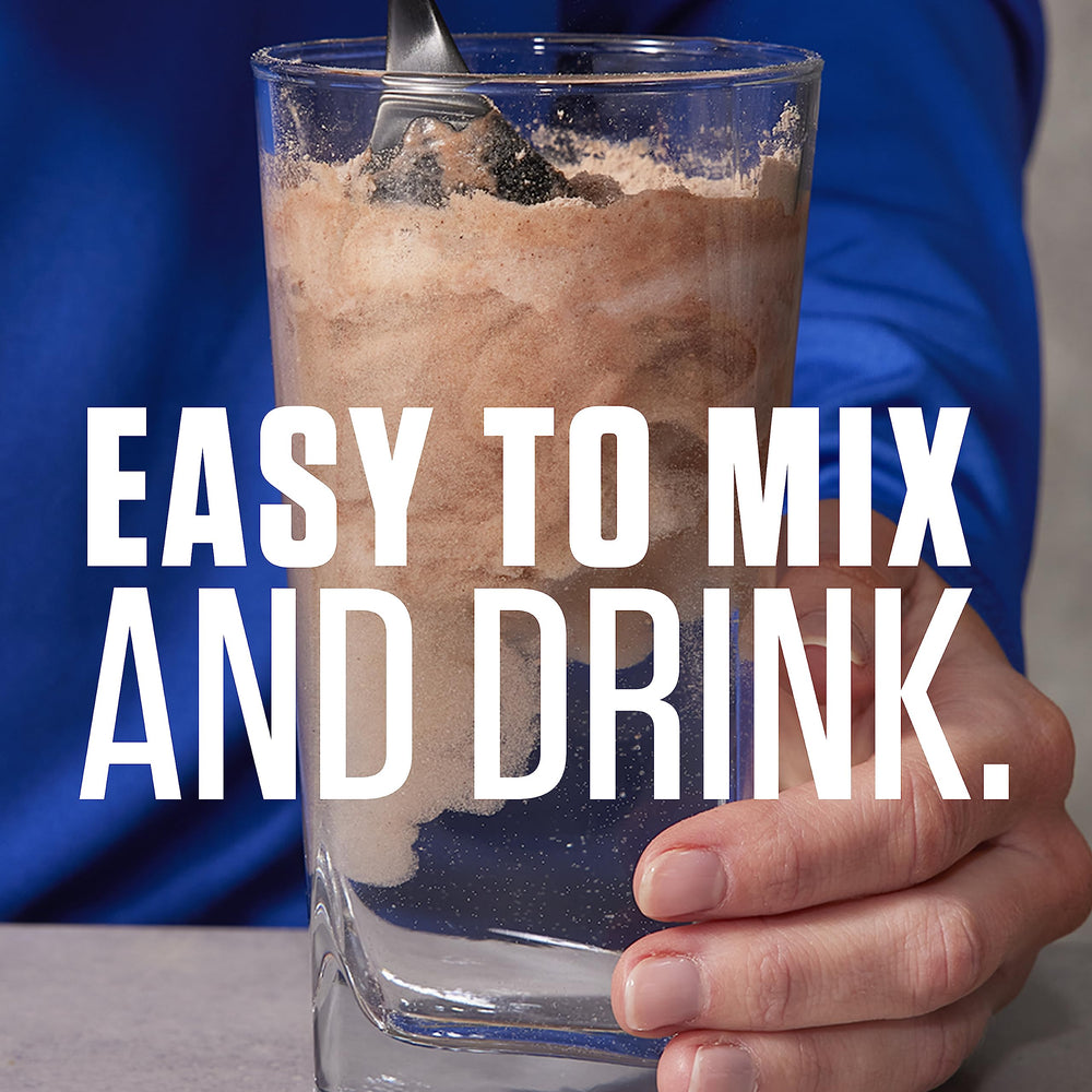 Pouring shake into glass demonstrates post-workout fueling option.