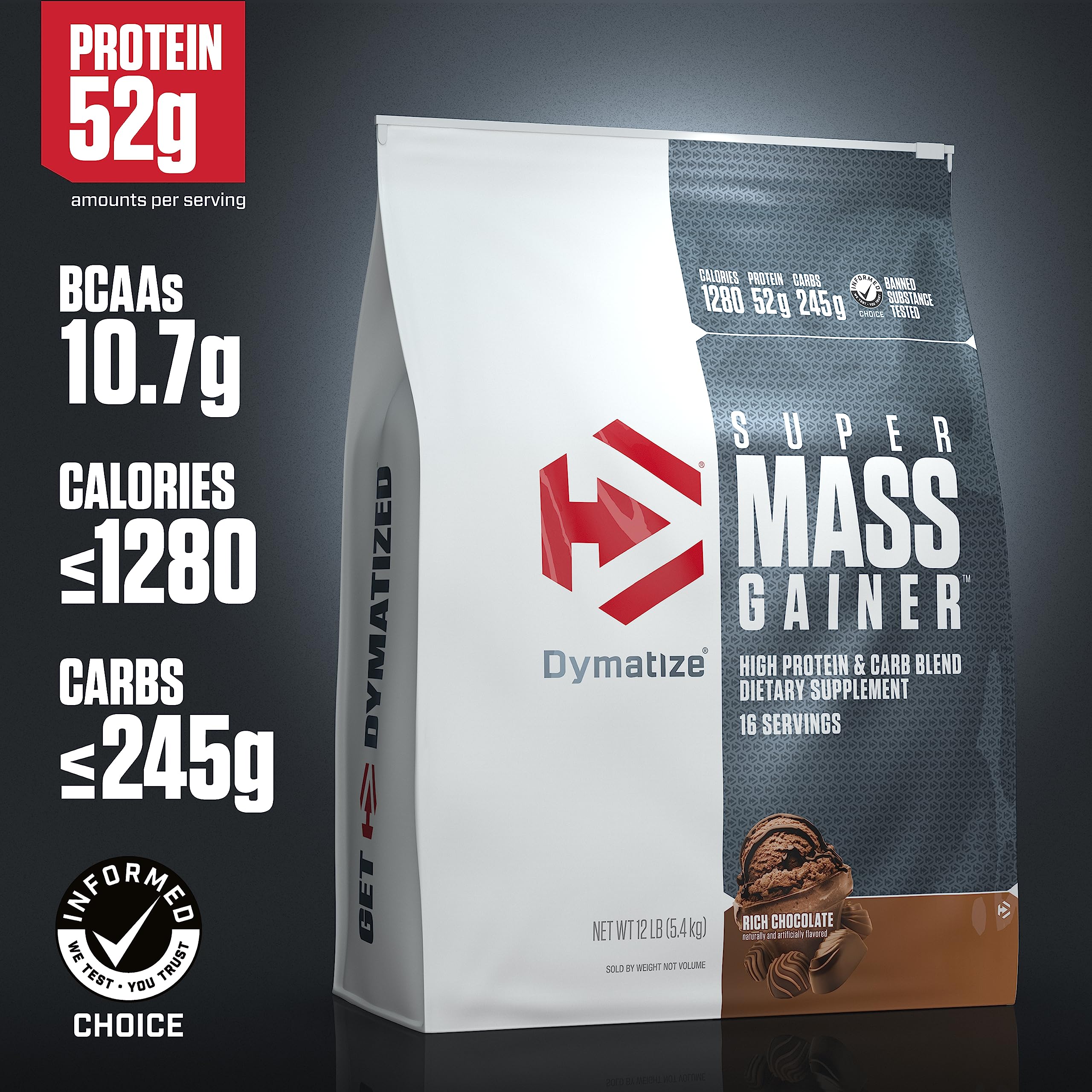 Serving scoop beside tub highlights 52g protein per serving.