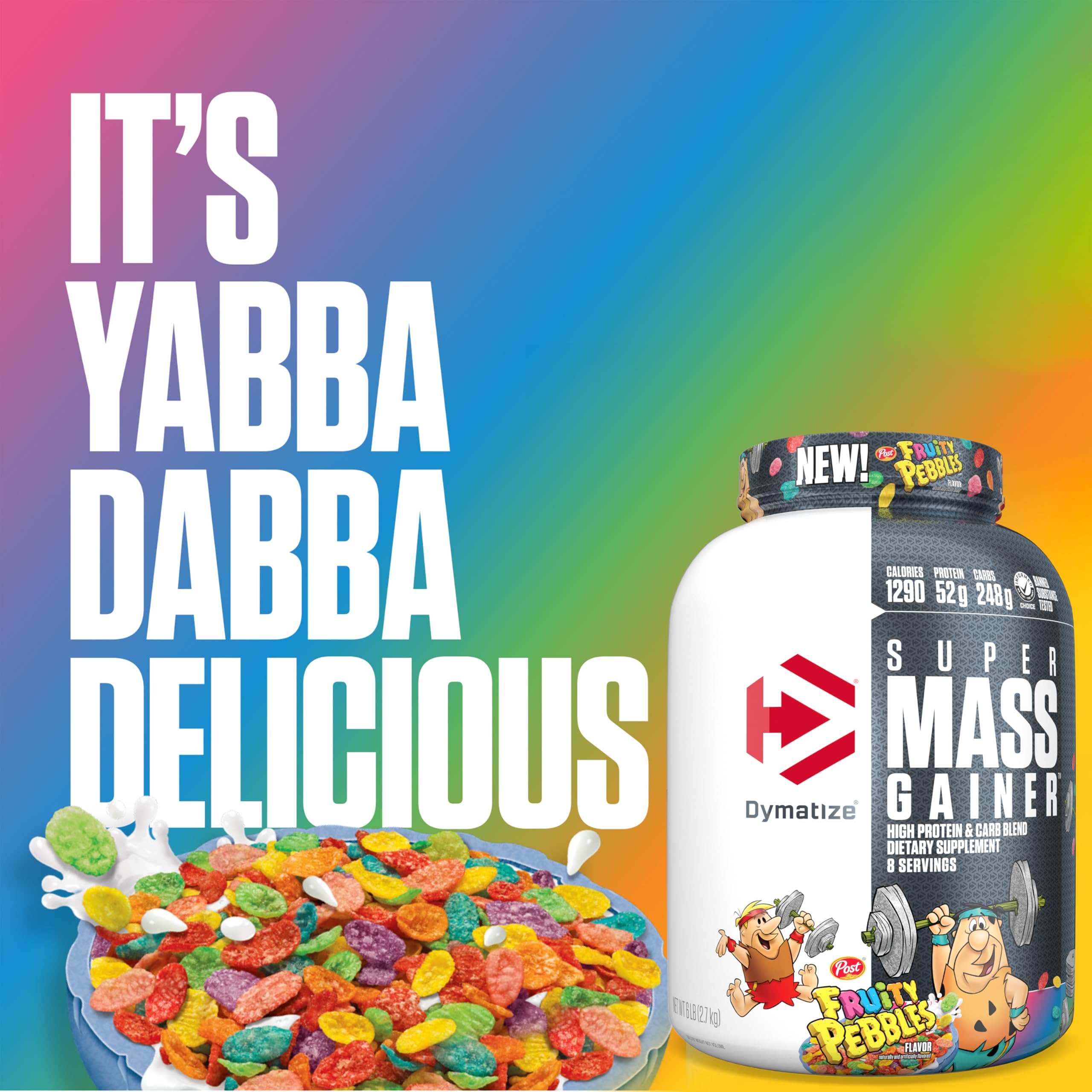 Dymatize Super Mass Gainer Pour shot shows shake ready for post-workout nutrition