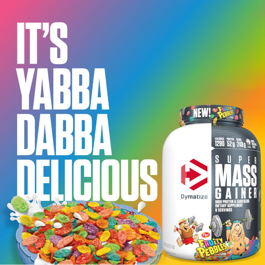 Dymatize Super Mass Gainer Pour shot shows shake ready for post-workout nutrition