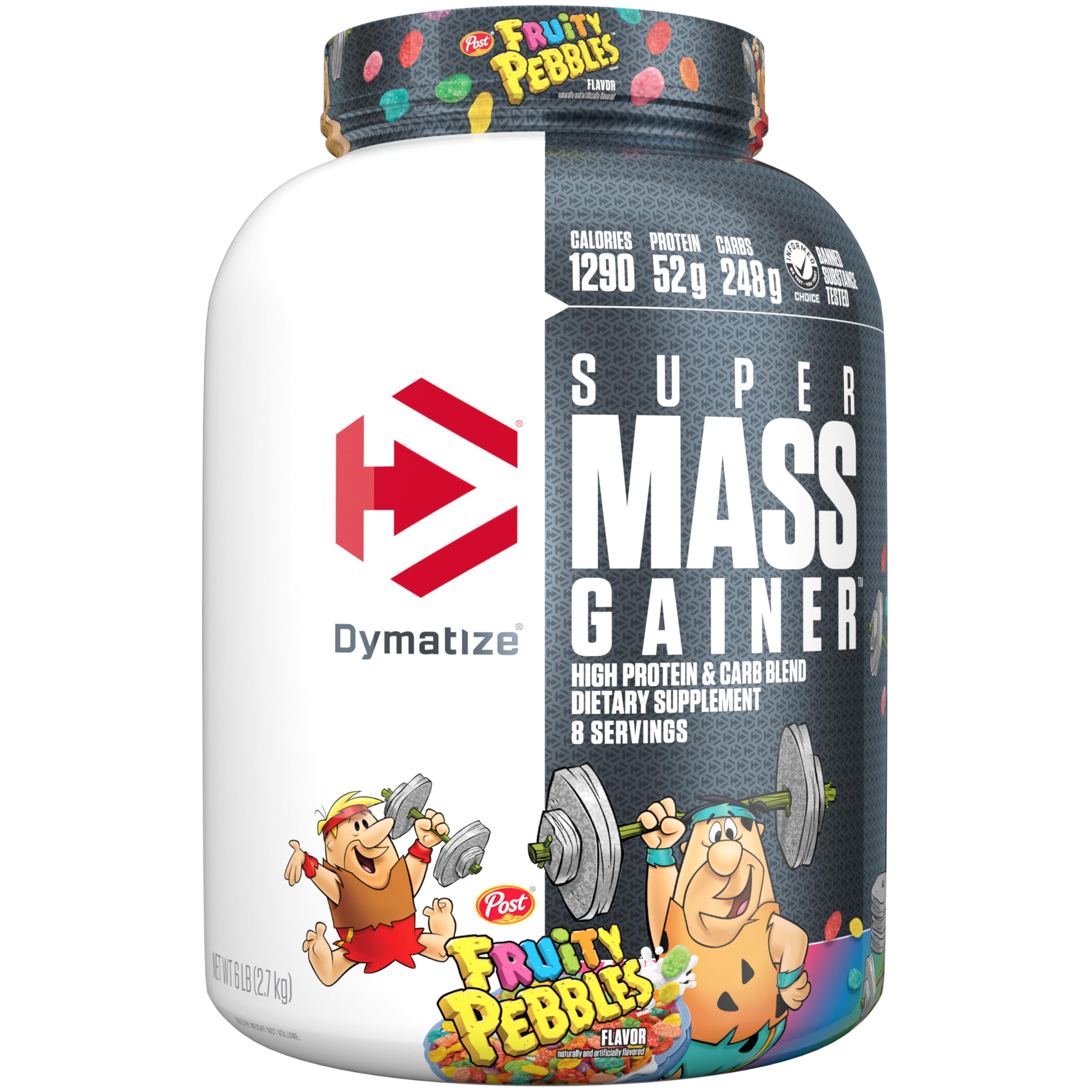 Dymatize Super Mass Gainer Fruity Pebbles tub highlighting high-calorie fueling for growth