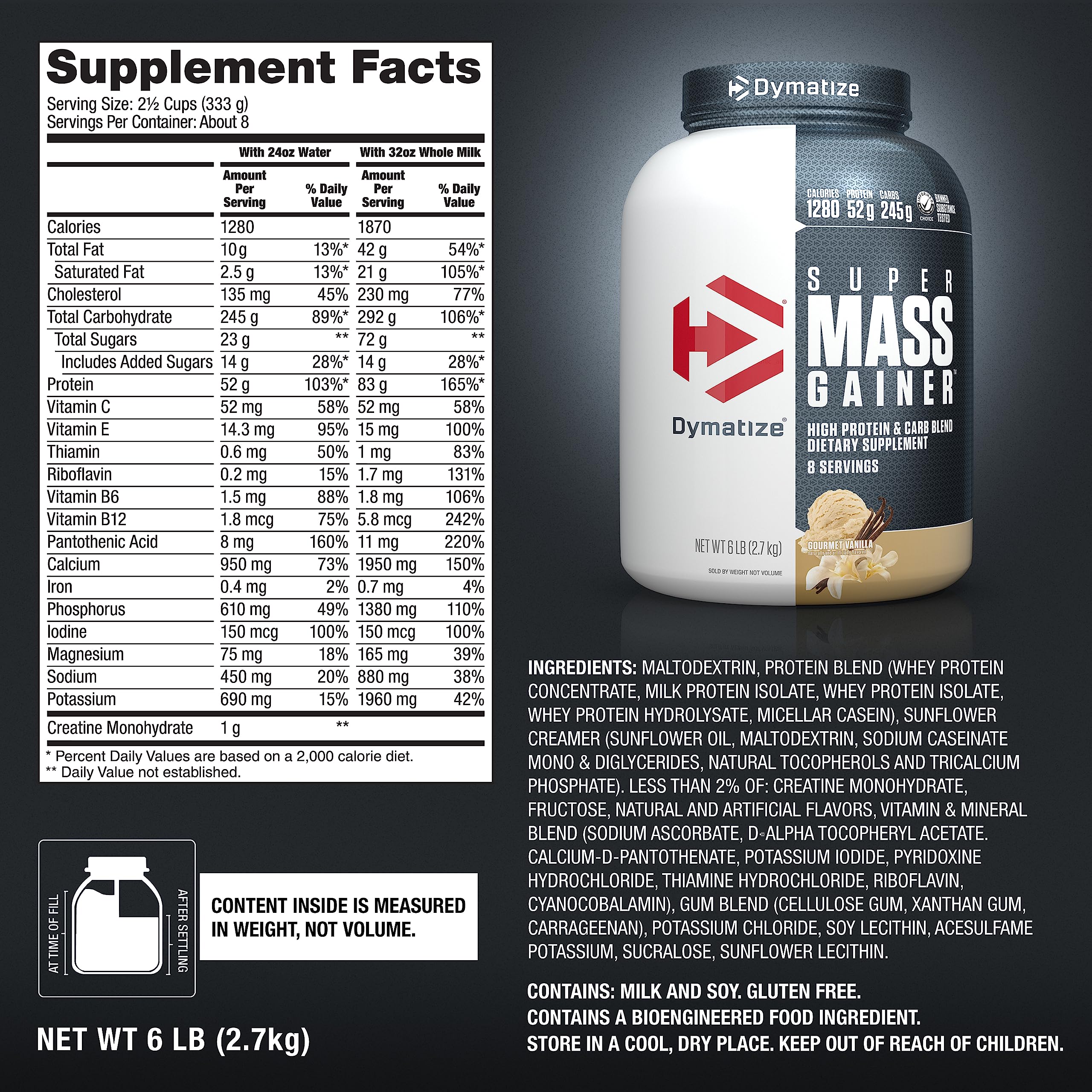 Dymatize Super Mass Gainer powder close-up shows whey and casein blend