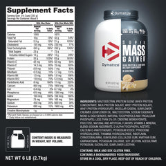 Dymatize Super Mass Gainer powder close-up shows whey and casein blend
