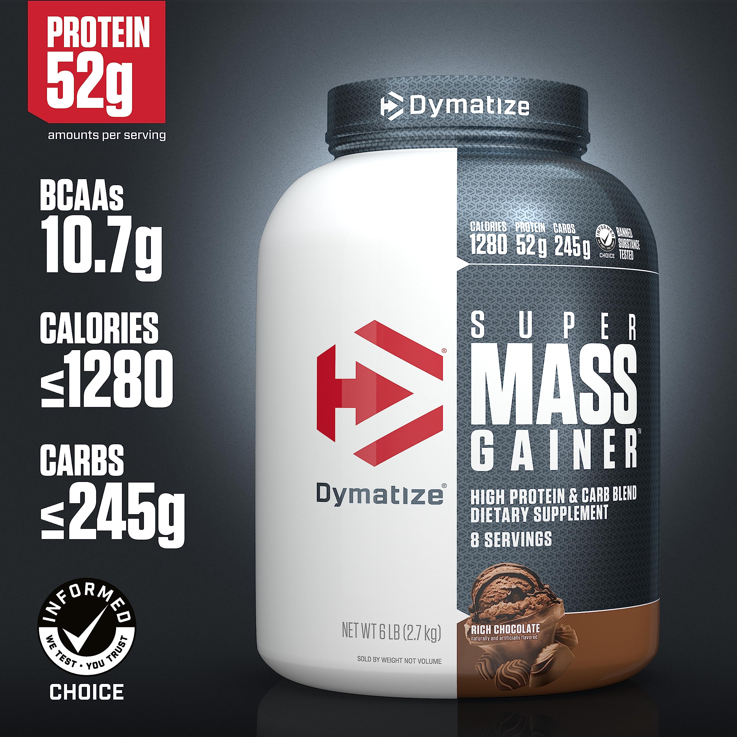 Dymatize Super Mass Gainer protein blend with whey and casein for steady fueling.