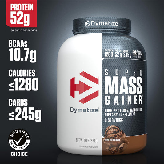 Dymatize Super Mass Gainer protein blend with whey and casein for steady fueling.