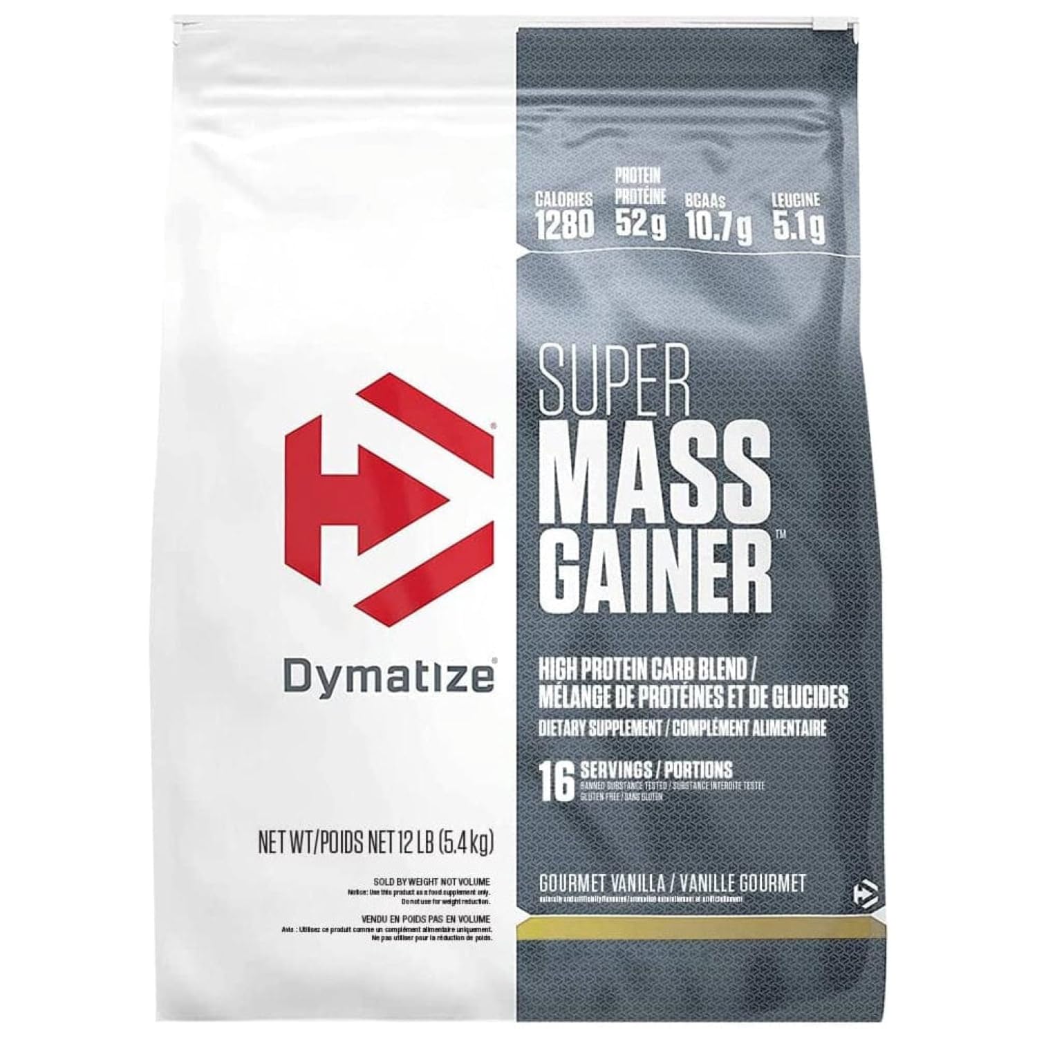 Dymatize Super Mass Gainer bottle in gourmet vanilla flavor for mass support