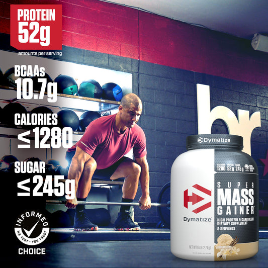 Dymatize Super Mass Gainer vanilla pour demonstrates quick calories after workouts