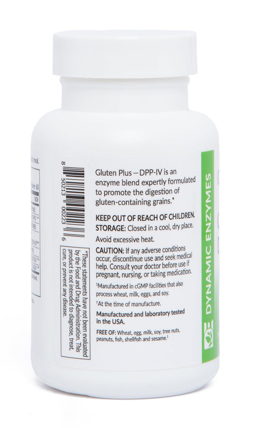 Dynamic Enzymes Gluten Plus capsules close-up ready for pre-meal support with gluten-containing foods.