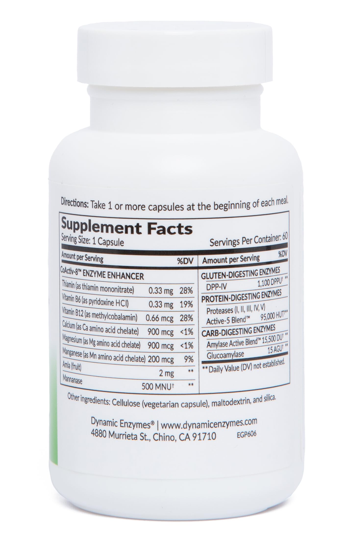 Dynamic Enzymes Gluten Plus label close-up showing DPP-IV enzymatic support.