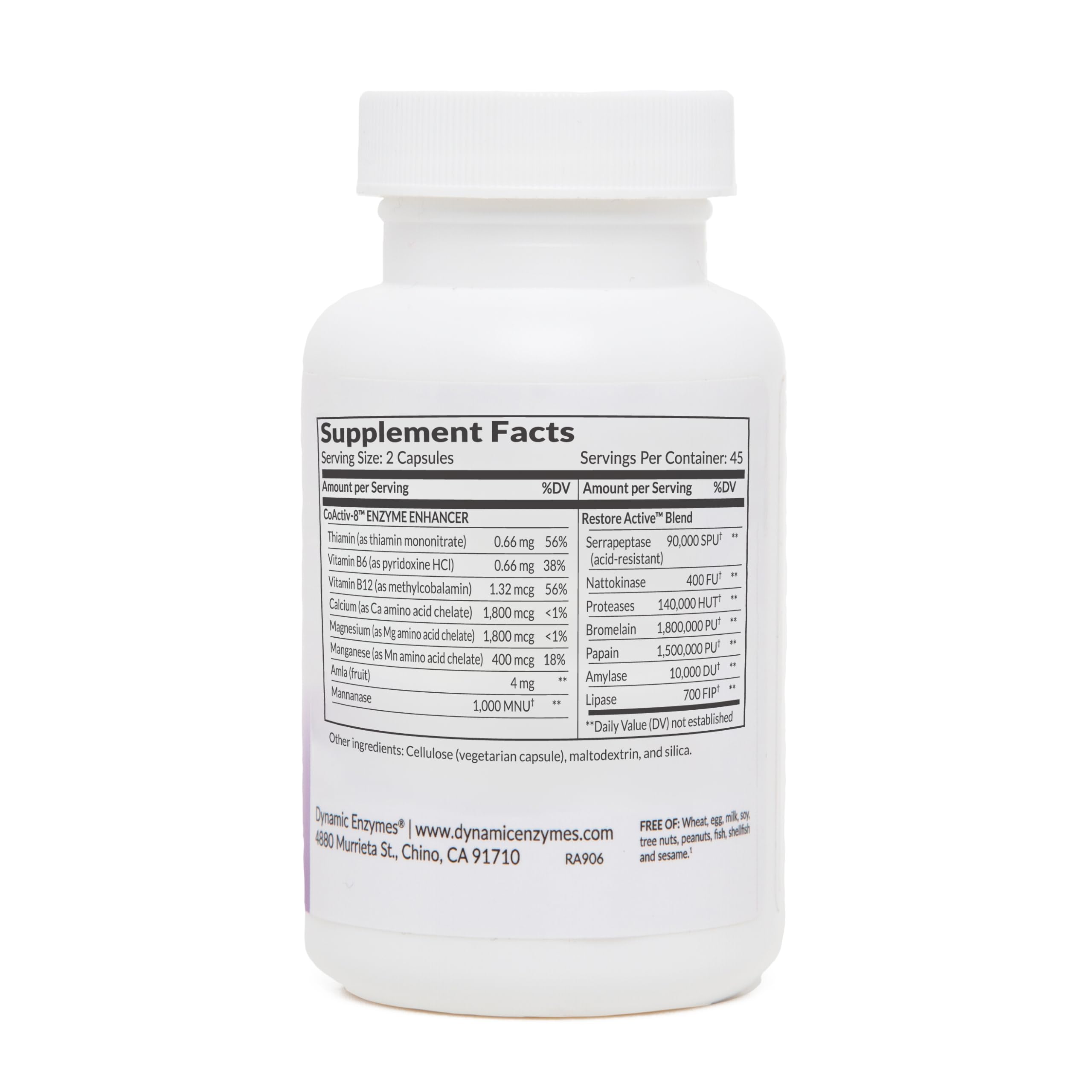 Dynamic Enzymes Restore ACTIV acid-resistant serrapeptase label, designed for stomach-safe delivery and enhanced activity.