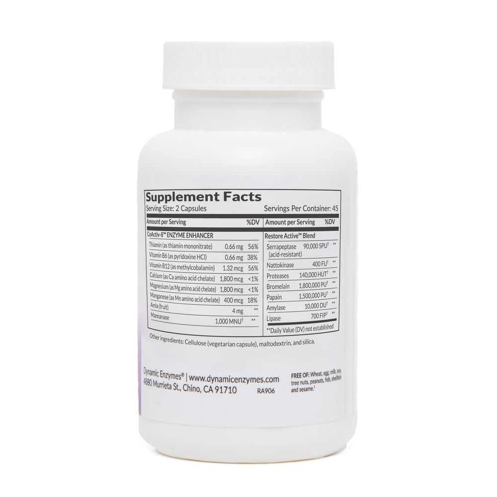 Dynamic Enzymes Restore ACTIV acid-resistant serrapeptase label, designed for stomach-safe delivery and enhanced activity.