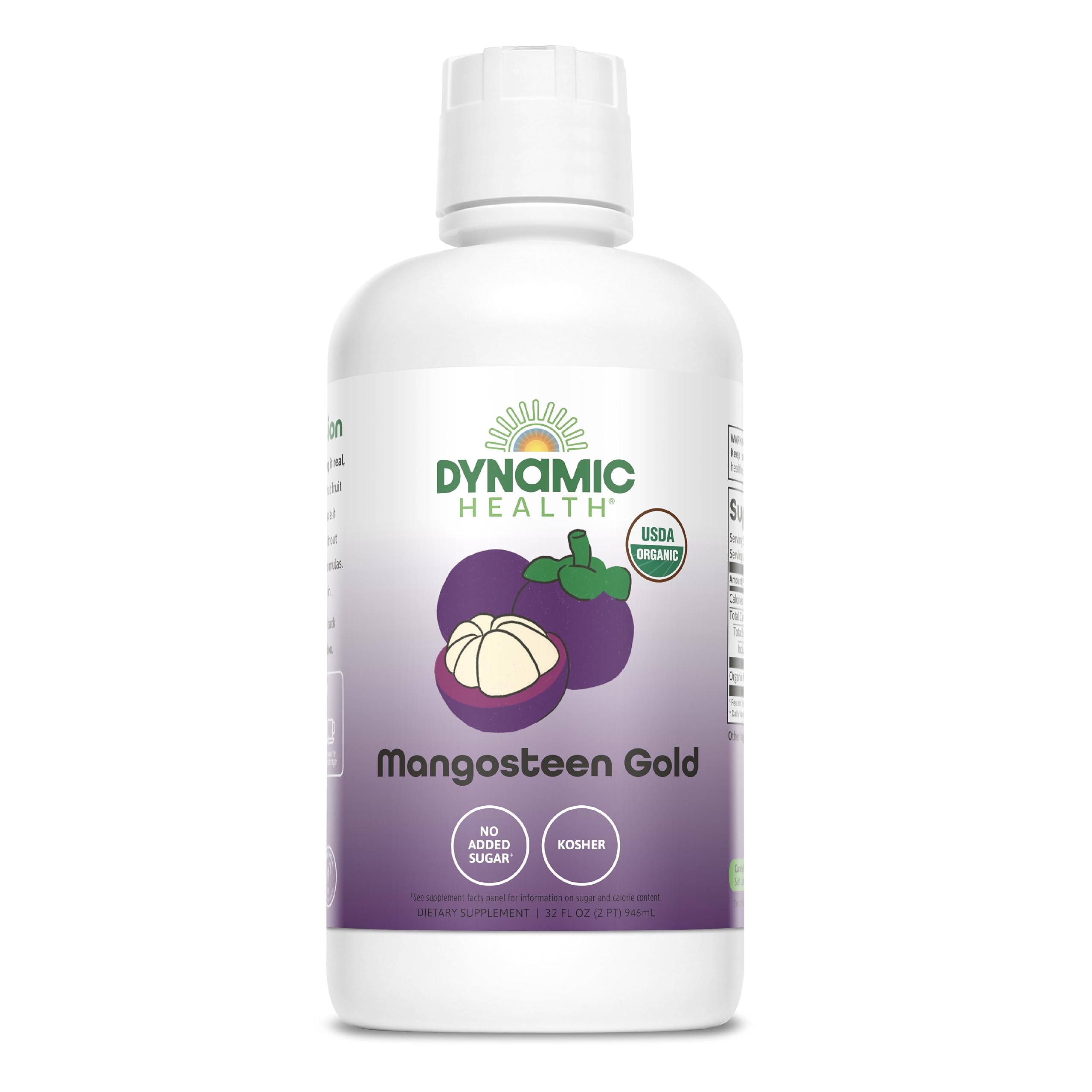 Dynamic Health Mangosteen Gold bottle pouring, showcasing antioxidant-rich juice for daily wellness rituals.