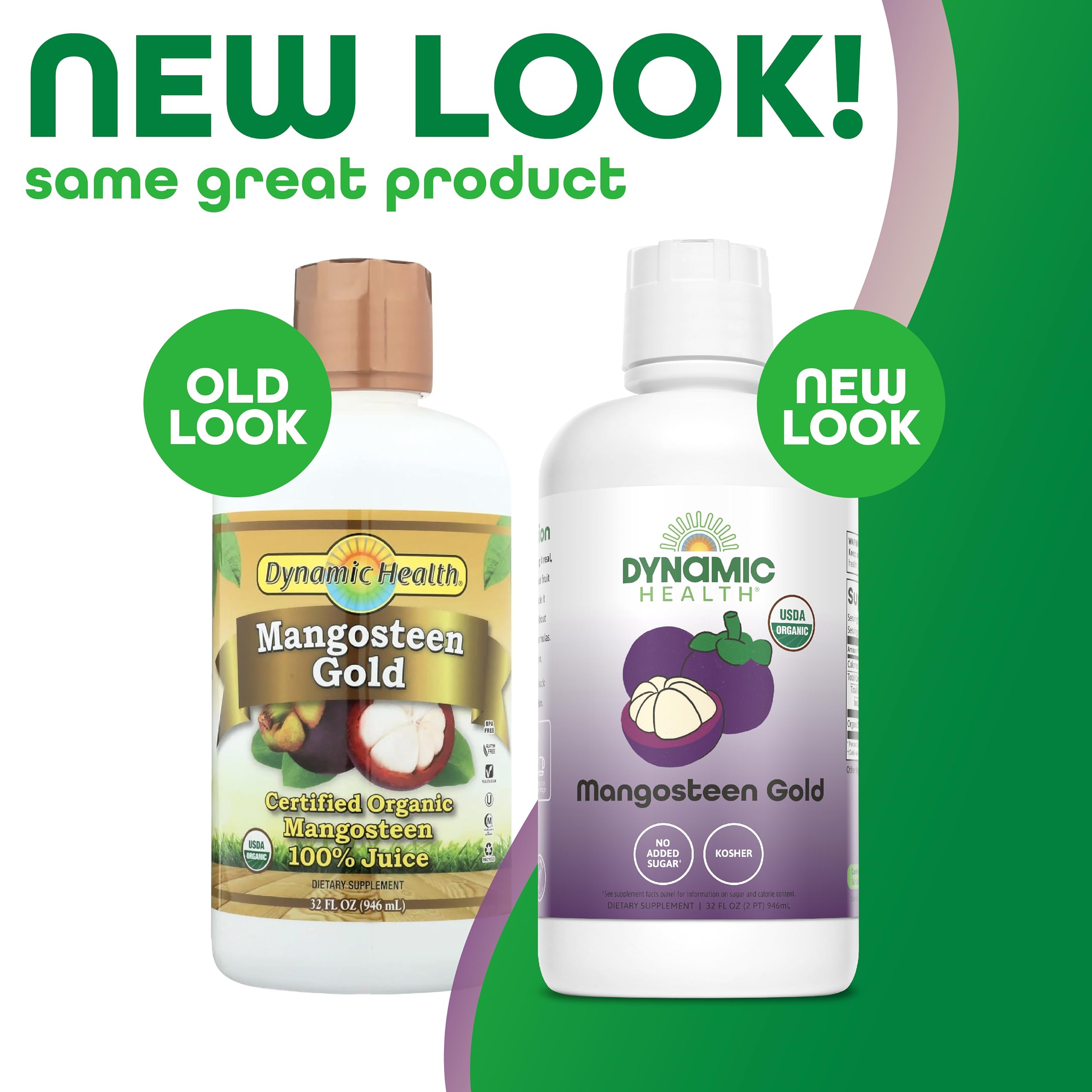 Dynamic Health Mangosteen Gold bottle side view highlighting clean label and no added sugar.