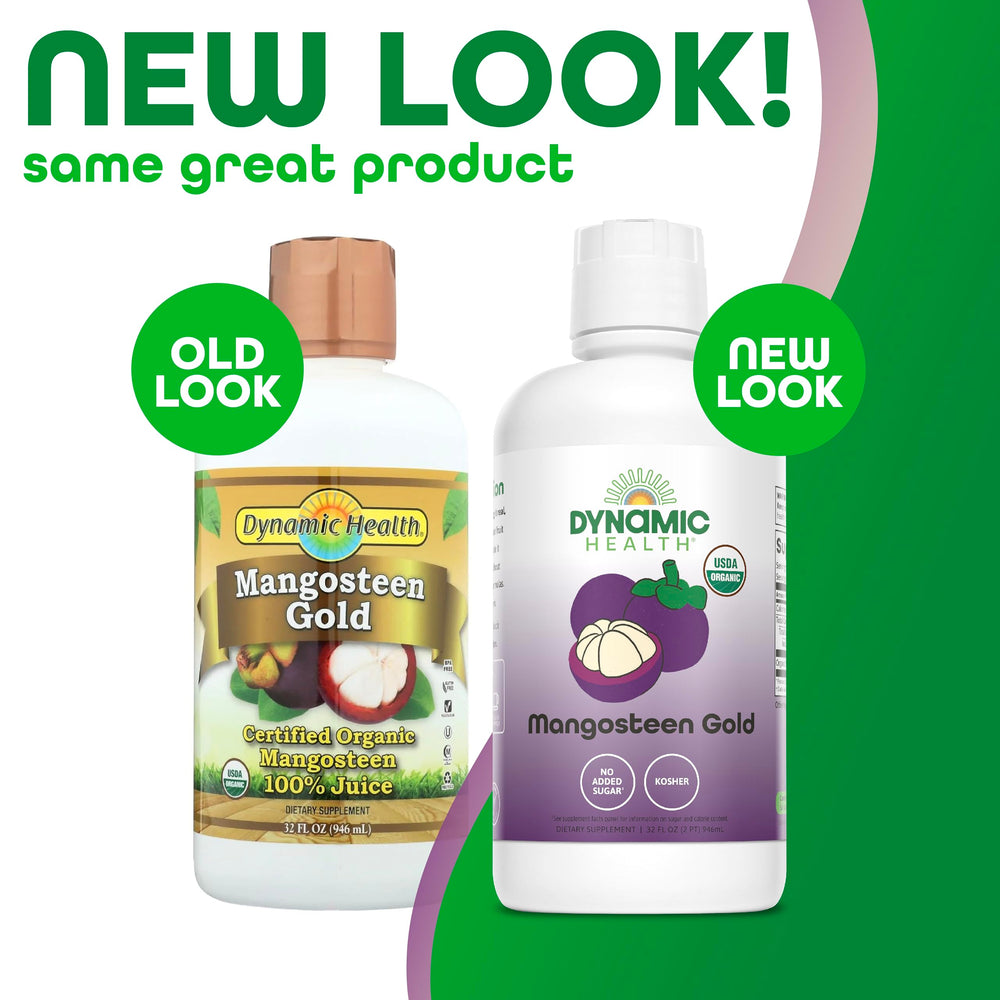 Dynamic Health Mangosteen Gold bottle side view highlighting clean label and no added sugar.
