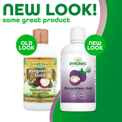 Dynamic Health Mangosteen Gold bottle side view highlighting clean label and no added sugar.
