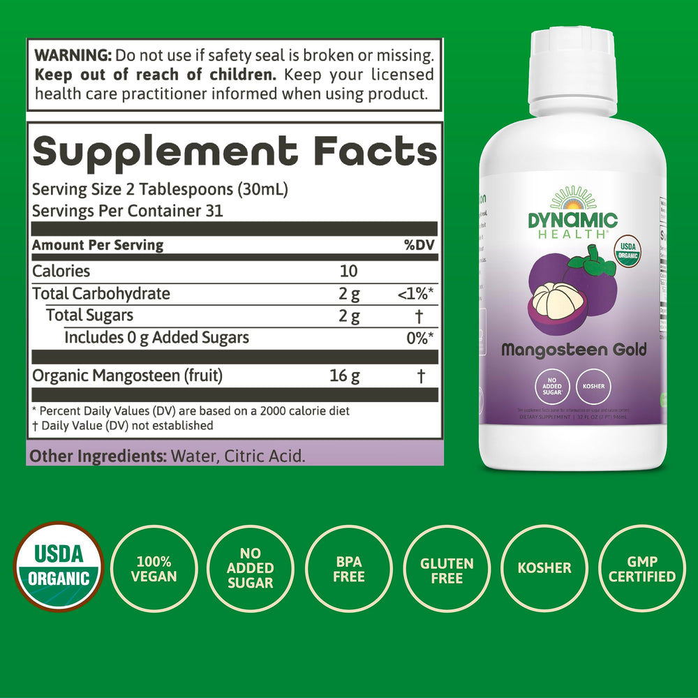 Dynamic Health Mangosteen Gold label closeup emphasizing organic, gluten-free, vegan ingredients.